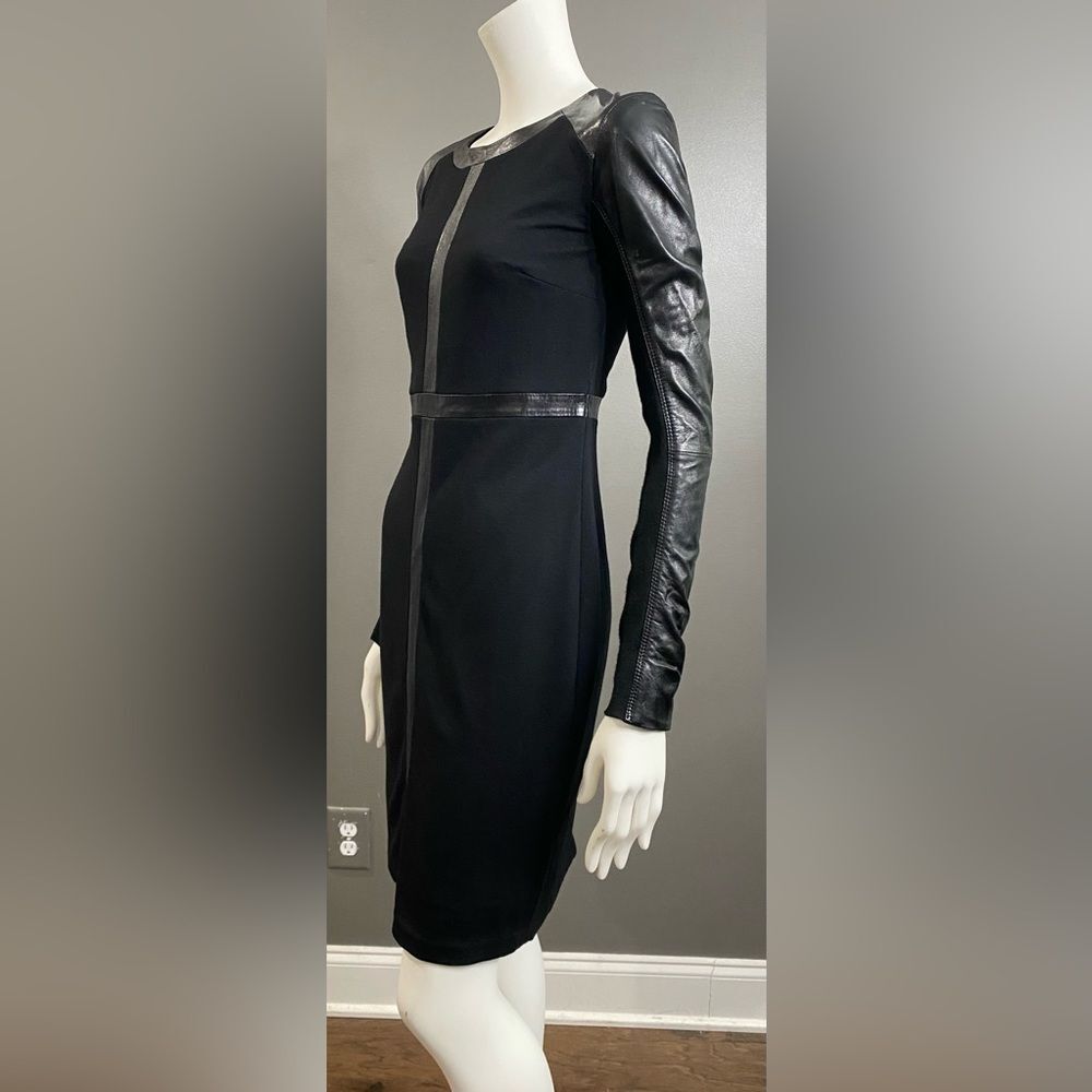 June Long Sleeve Black dress w/Distinctive genuine leather trim detailing Size S - Picture 2 of 12
